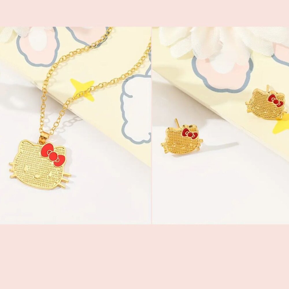 new SET sanrio HELLO KITTY gold-tone PENDANT & NECKLACE stud EARRINGS